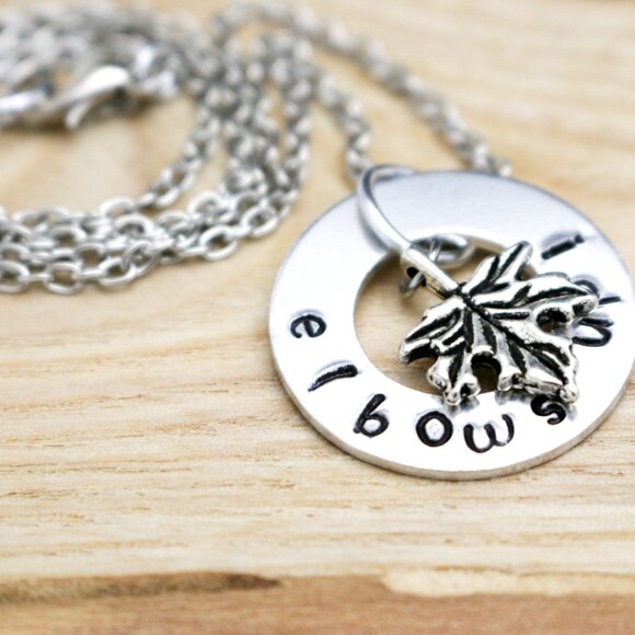 Elbows Up! Maple Leaf Hand Stamped Pendant Necklace - Handmade & Hypoallergenic - Picture 5 of 13